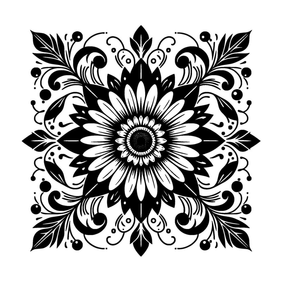 Symmetrical Black and White Floral Mandala with Detailed Petals, Leaves, and Ornate Elements Centered on Square. vector