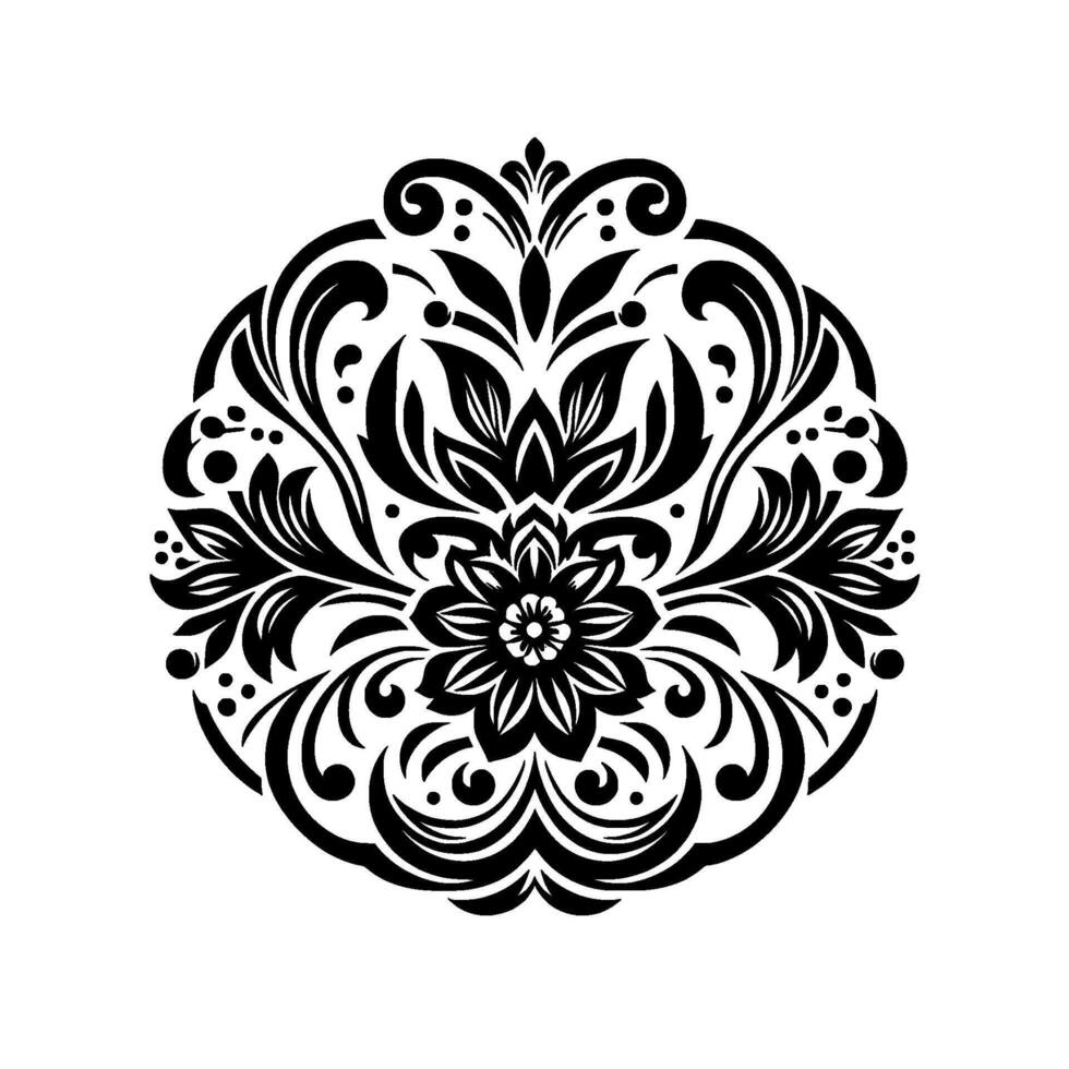 Symmetrical Black and White Floral Mandala Detailed, Circular, and Ornate Featuring Leaves, Swirls, and Dots. vector