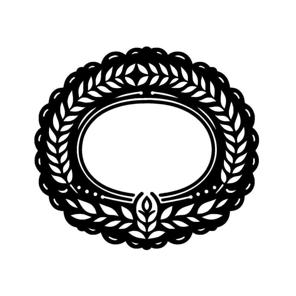 Elegant Black and White Oval Laurel Wreath Frame with Leaf Accents and Scalloped Border, perfect for Invitations and Designs. vector