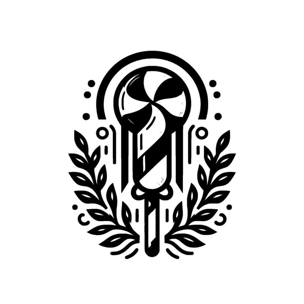 Stylized Black and White Lollipop with Laurel Wreath, Geometric Symmetry and Decorative Elements for a Unique Aesthetic. vector