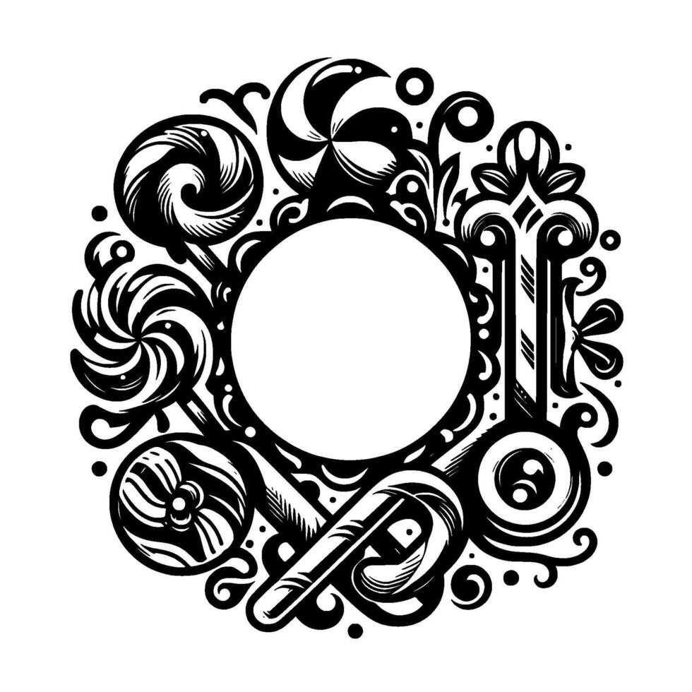 Black White Whimsical Candy Frame Ornate lollipop, candy cane, swirl encircling a blank circle, perfect for text or a . vector