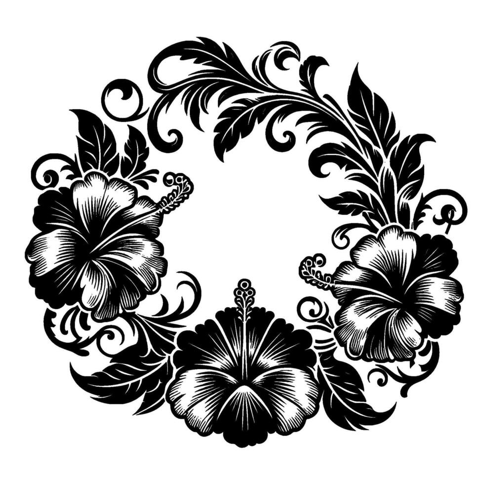 Elegant Black White Floral Wreath featuring Three Hibiscus Flowers and Ornate Foliage, Perfect for . vector