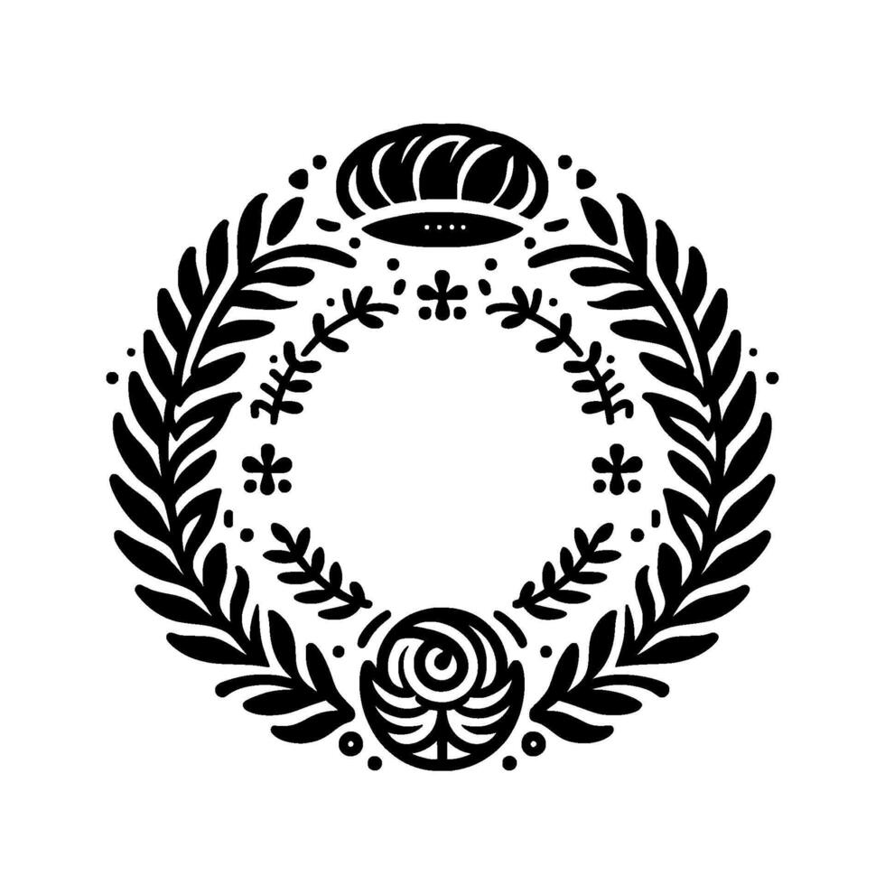 Circular, Black and White Floral Wreath with Crown, Leaves, and Decorative Elements, Isolated on White. vector