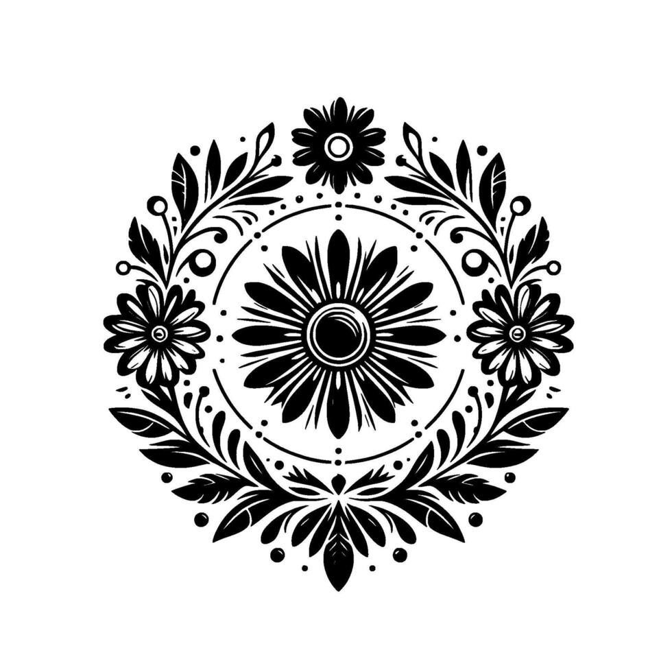 Circular Black and White Floral with Daisylike Flowers, Leaves, and Ornate Details on a White Background. vector