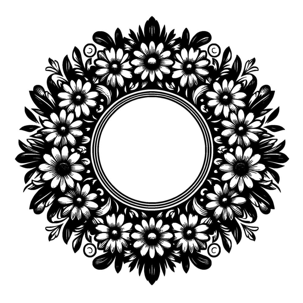 Elegant Black and White Floral Wreath with Daisylike Flowers Surrounding a Blank Circular Center, Embodying Vintage Charm. vector