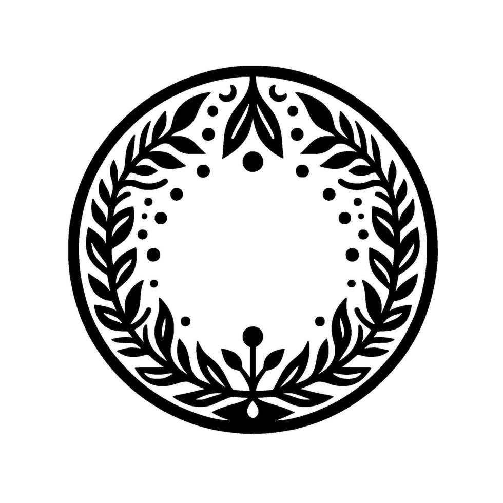 Intricate Black and White Floral Wreath , Circular Composition with Leaves, Dots, and Delicate Foliage Detailing on White Background. vector