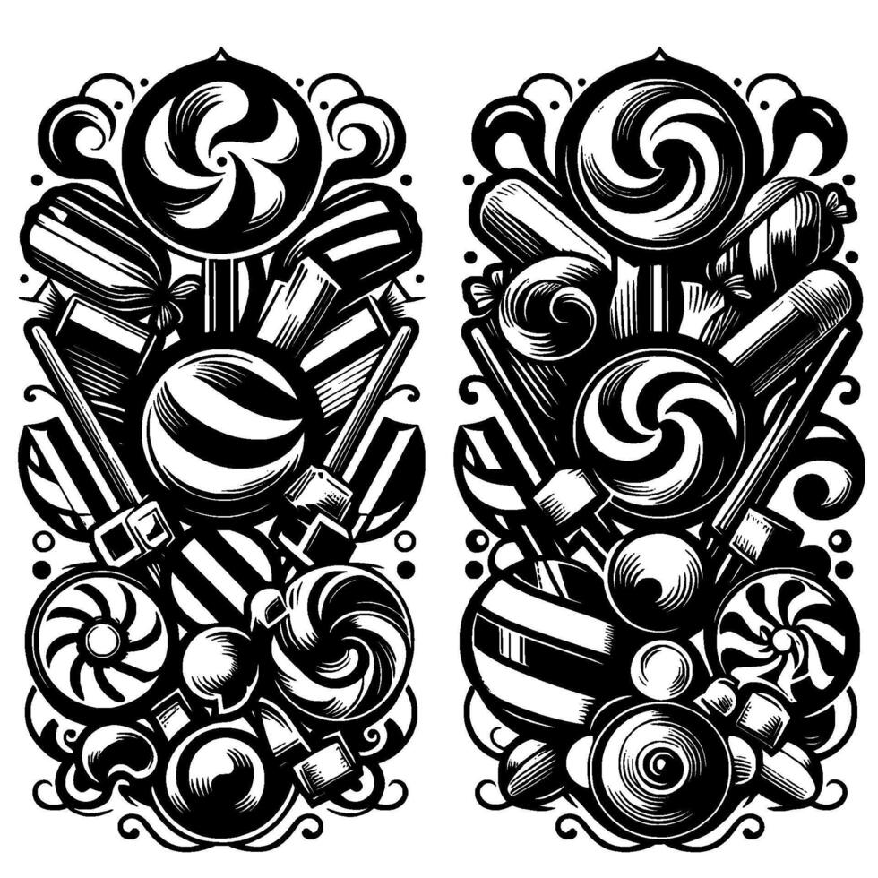 Symmetrical Black and White Candy Illustration, featuring swirl lollipops, striped hard candies, and sweet treats, arranged in a decorative, ornate pattern. vector
