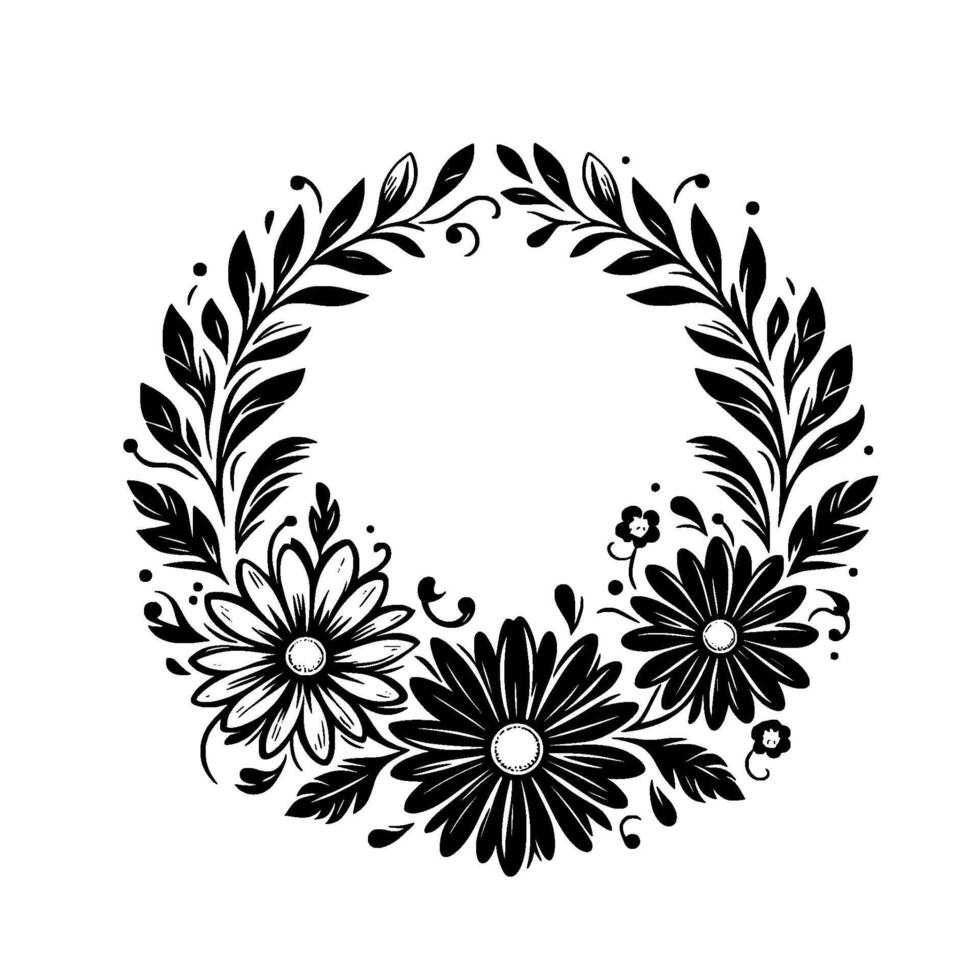 Intricate black and white floral wreath featuring stylized daisies and leaves arranged in a circular frame with delicate details on a plain background. vector