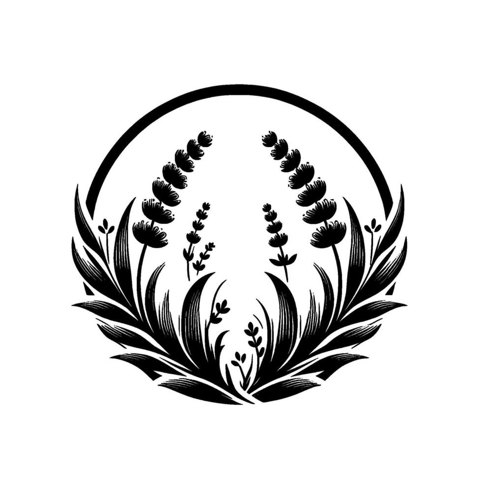 A symmetrical black and white floral emblem depicting lavender and grasses within a circular frame, showcasing a minimalist aesthetic. vector