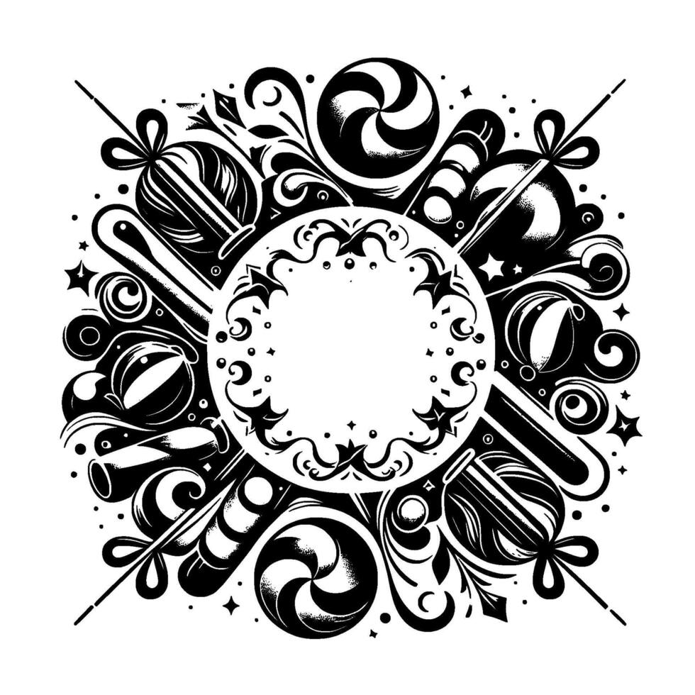 Ornate Black and White CandyThemed Frame with Swirls, Lollipops, and Ornaments Surrounding a Central Empty Circle. vector