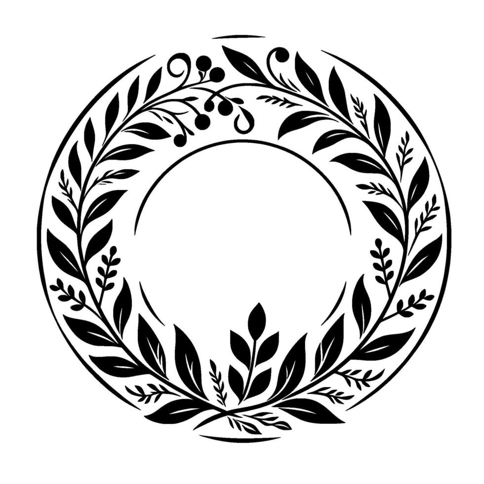 Intricate blackandwhite circular floral wreath with leaves and berries, perfect for elegant frames, logos, and decorative accents. vector