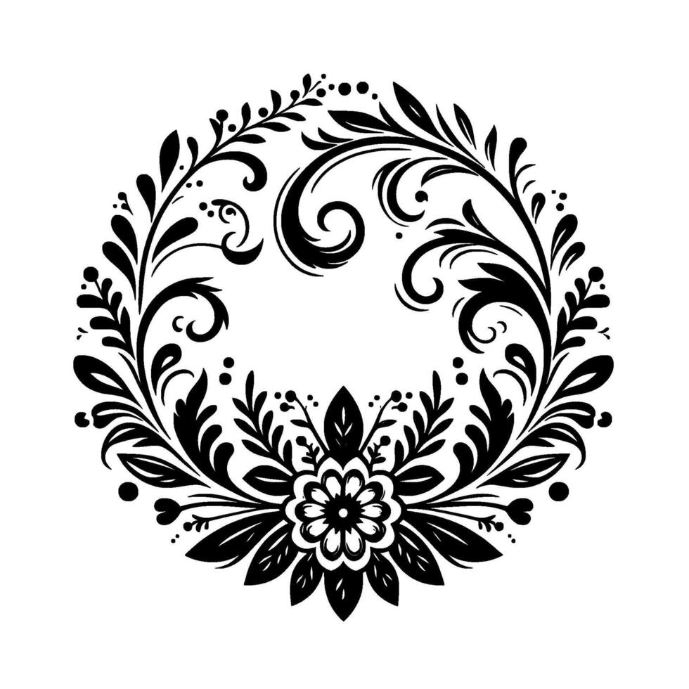 Intricate circular black and white floral with leaves, swirls, and a central flower, creating a symmetrical decorative motif on a plain white background. vector