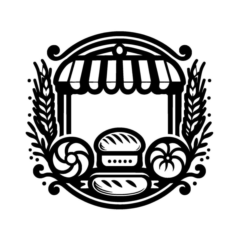 Black and white stylized bakery emblem featuring loaves of bread, pastries, awning, wheat stalks and ornate flourishes. vector