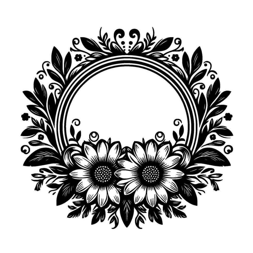 Exquisite Black and White Floral Wreath Featuring Two Daisies, Detailed Leafy Vines, and Decorative Circular Frame on White Background. vector