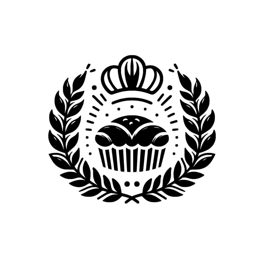 Intricate Black and White Bakery Emblem Crowned Cupcake, Laurel Wreath, and Radiating Dots. vector
