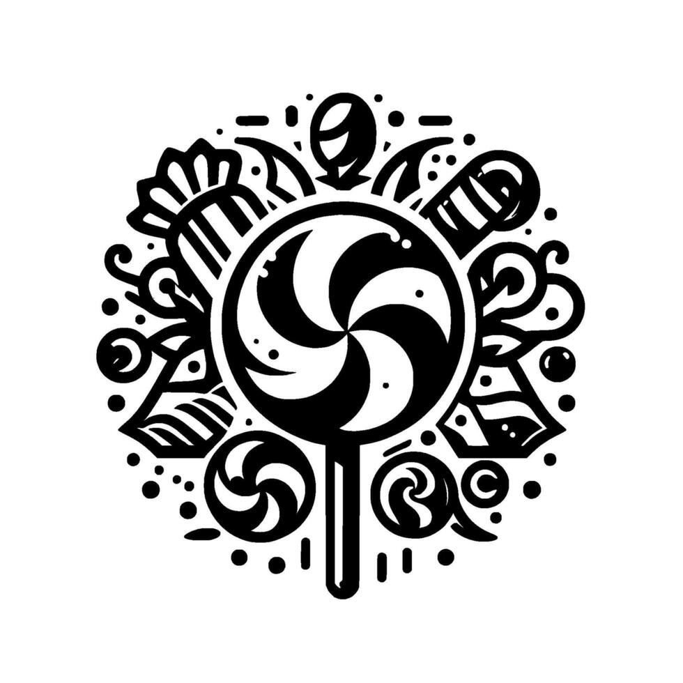 Circular, monochrome illustration of a lollipop at the center, surrounded by stylized candy, leaves and decorations. vector