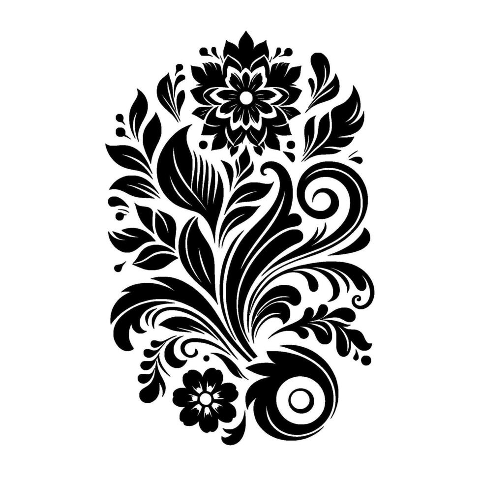 Intricate Black White Floral Motif with Flourishes, Swirls, Leaves, and Geometric Flower Arrangement on a White Background. vector