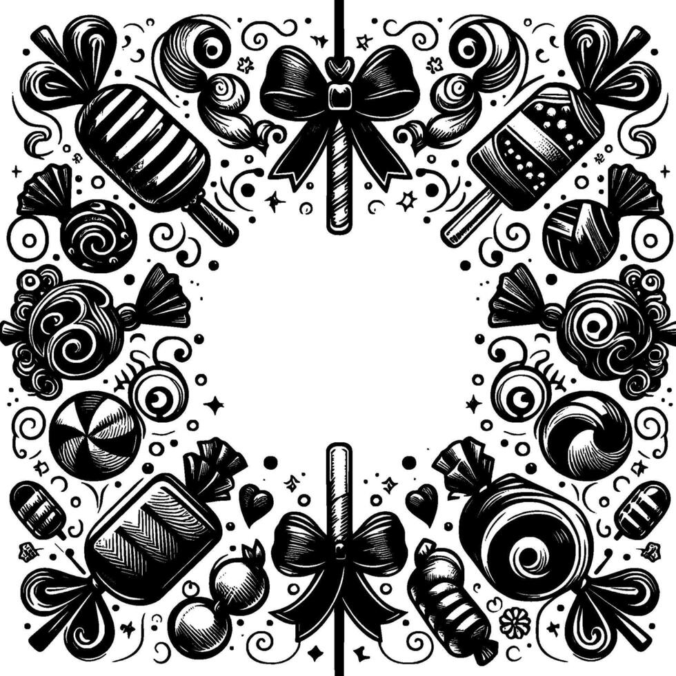 Ornate Black and White Candy Frame with Lollipops, Swirls, and Bows, Creating a Sweet and Decorative Border vector
