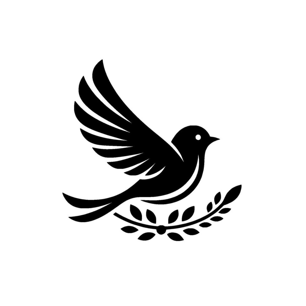 Elegant Black Silhouette of a Dove in Flight Holding an Olive Branch, Symbolizing Peace Tranquility, Isolated on White. vector