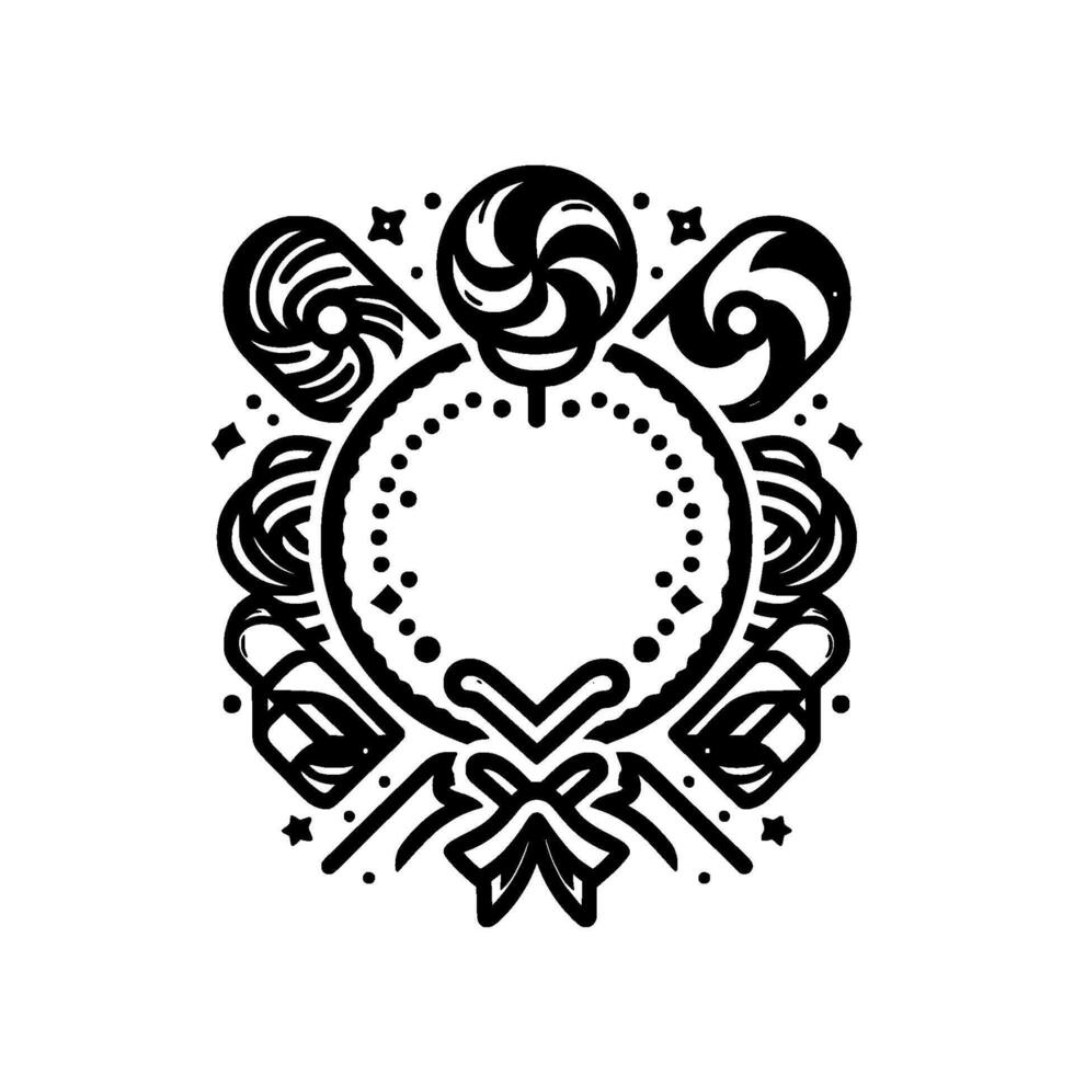 Whimsical Black and White Lollipop Gift Box Emblem with Dotted Ring and Bow Detail. vector