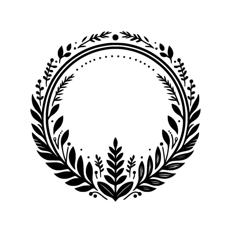 Black and white botanical circular wreath illustration with leaves, branches, and dots, perfect for elegant designs and decorations. vector