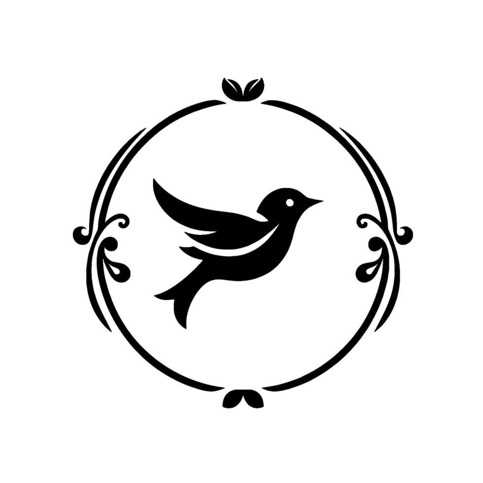 Elegant Black Bird Silhouette within Ornate Circular Frame, Isolated on White Background, Decorative Element. vector