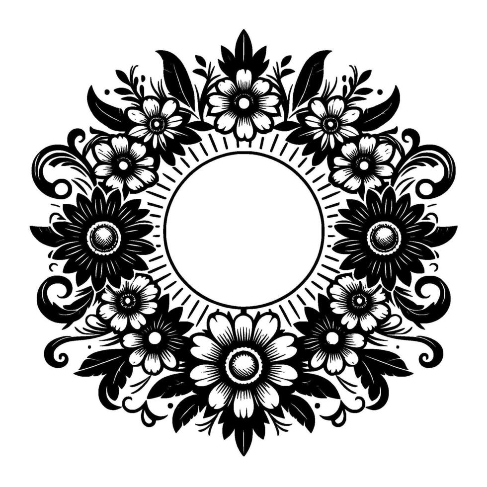 Elegant Black White Floral Wreath with a Central Circular Frame, Featuring Detailed Petals, Leaves, and Swirls. vector