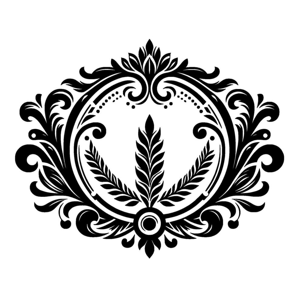 Elegant Black and White Floral Crest Featuring Ornamental Leaves in a Symmetrical Oval Composition, Isolated on White. vector