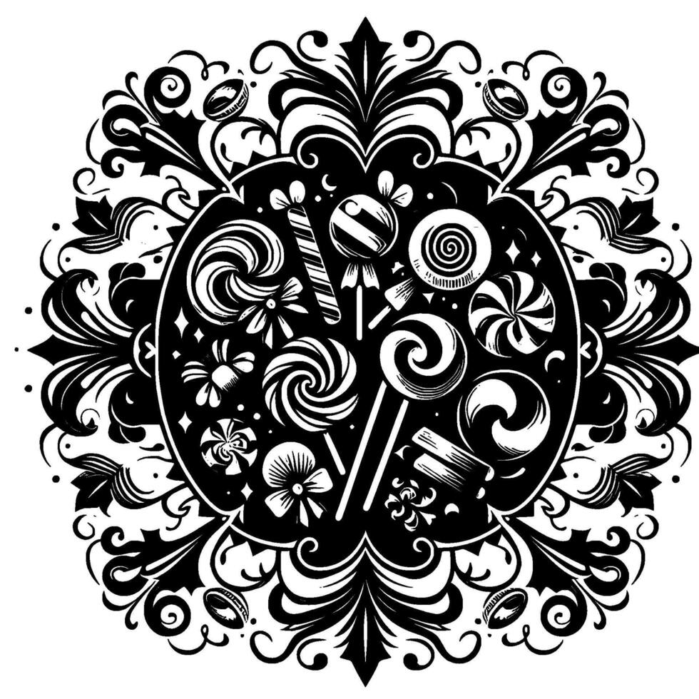 Intricate Black and White Illustration of a Candy Medley Within a Decorative, Ornate Circular Frame. vector