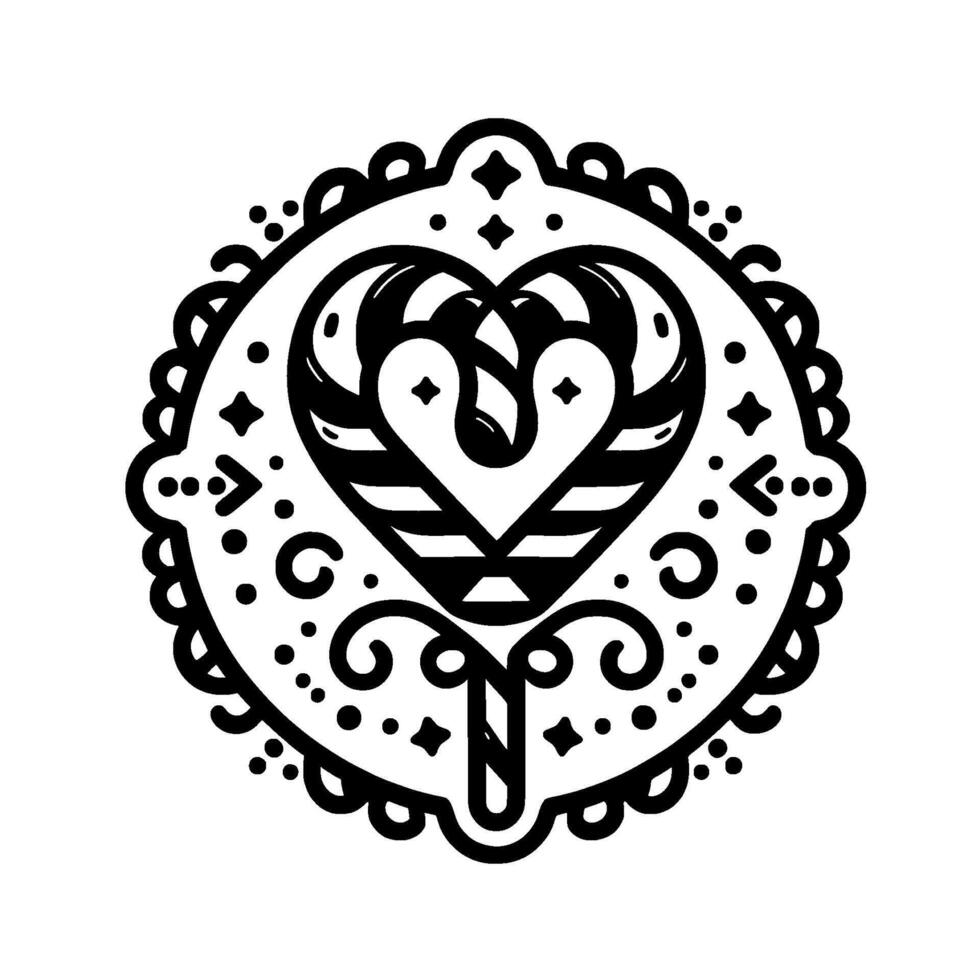 Intricate Black and White HeartShaped Lollipop with Ornamental Border Embellishments, Geometric Shapes, and Swirls, Isolated on White. vector