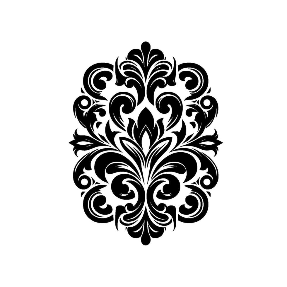 Elegant Black and White Oval Damask Pattern on White Background, Symmetrical Floral Motif for Decorative Use. vector