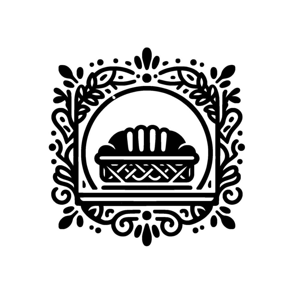 Stylized Black and White Illustration Circular, Decorative Frame Encasing a Detailed Bread Basket , Resembling a . vector