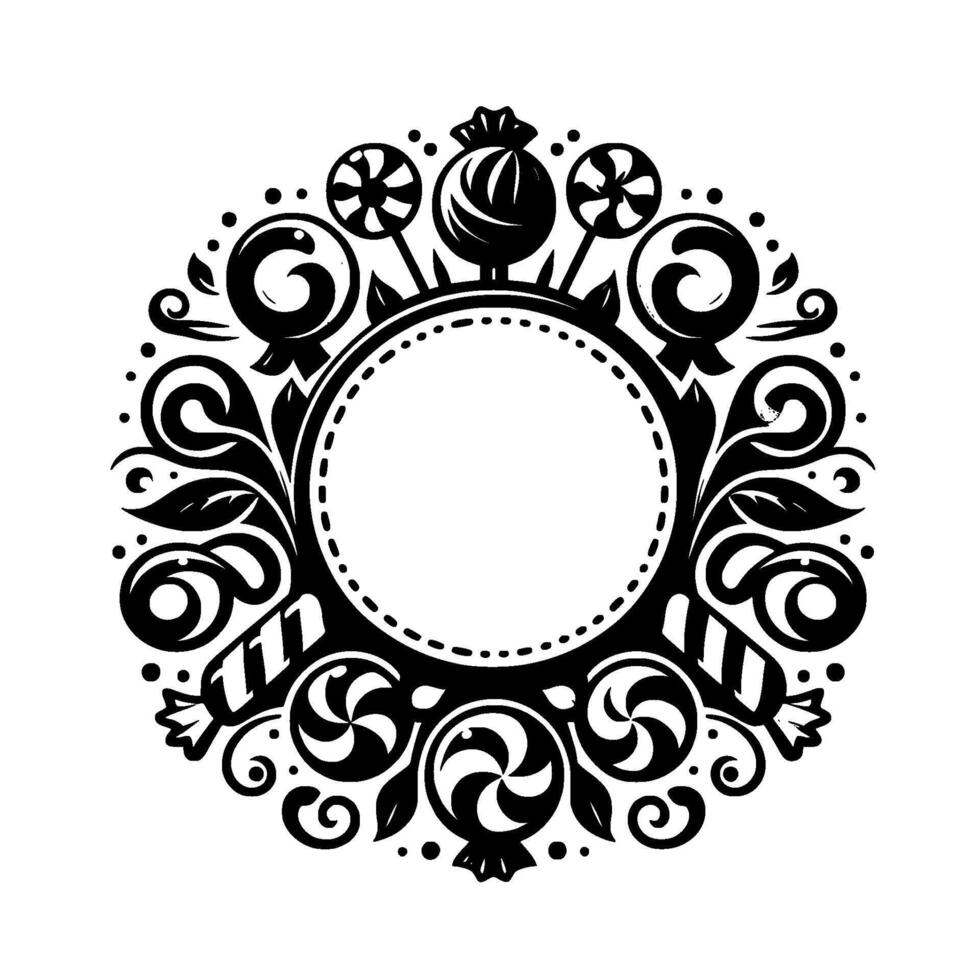 Intricate Black and White CandyThemed Circular Frame, Featuring Lollipops, Candies, Spirals, Floral Elements, and Dot Accents, with a Central Blank Space. vector