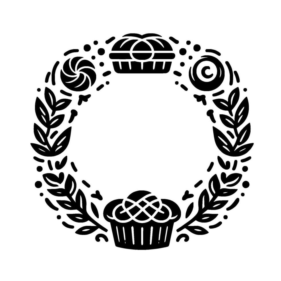 Black and white circular illustration of a wreath with stylized cupcakes, leaves, and swirls, creating a decorative border. vector