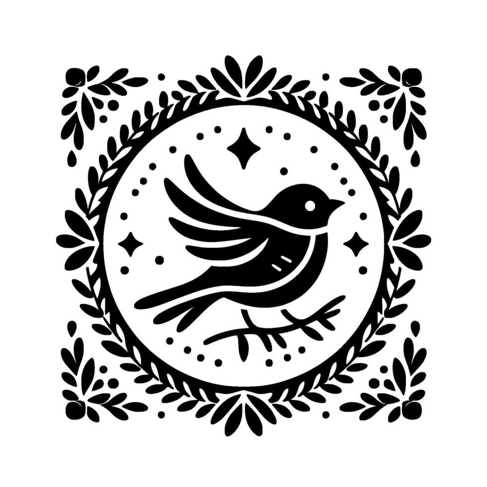 Black and White Bird Silhouette Inside a Laurel Wreath with Starry Accents, on White Background vector