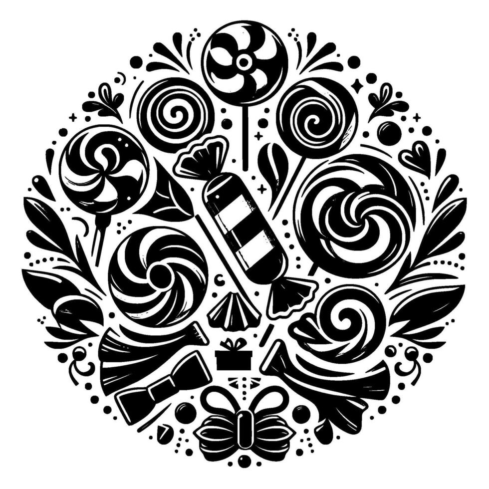 A circular black and white illustration of various candies, lollipops, ribbons, and a gift, arranged in a decorative pattern. vector
