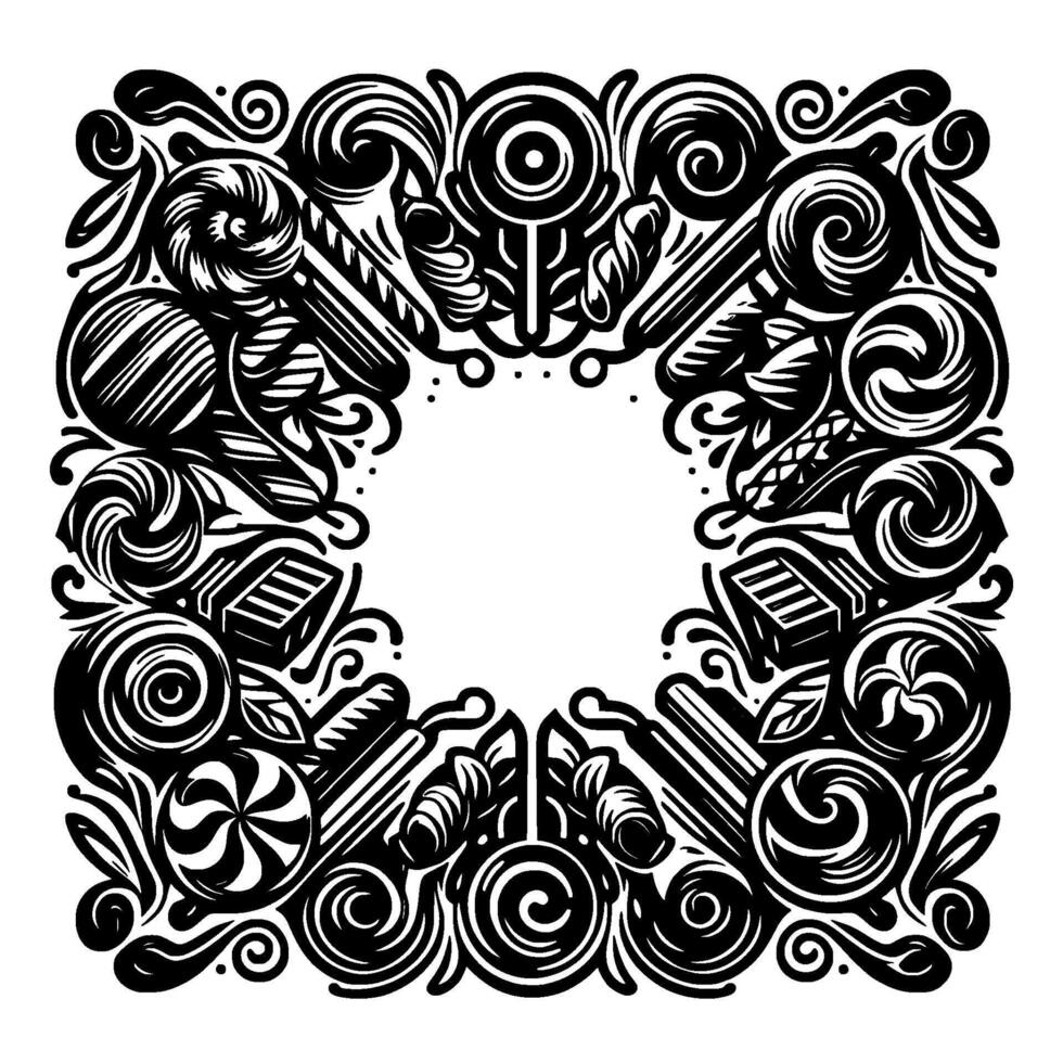 Ornate Black White Candy Frame A symmetrical border featuring lollipops, swirls, and other sweets in a decorative style, with a white center. vector