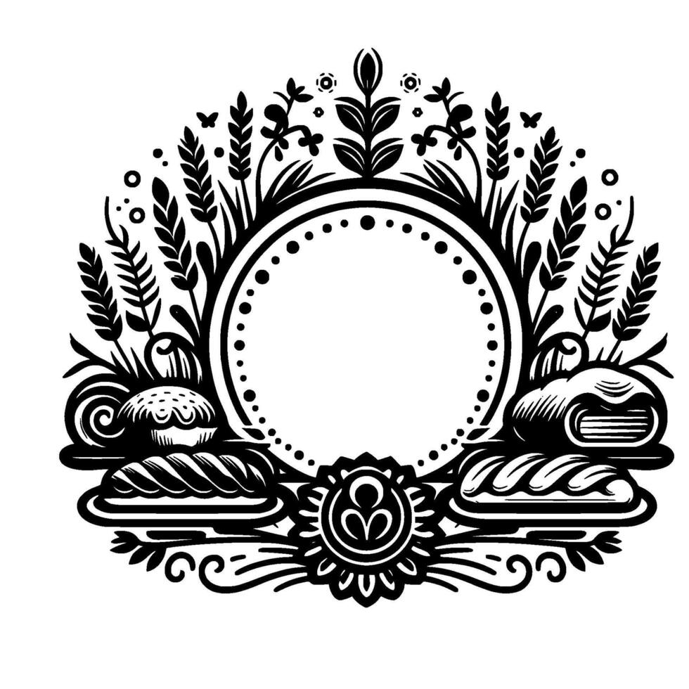 Intricate black and white illustrative circular emblem showcasing baked goods, wheat, and floral elements with a central open space. vector