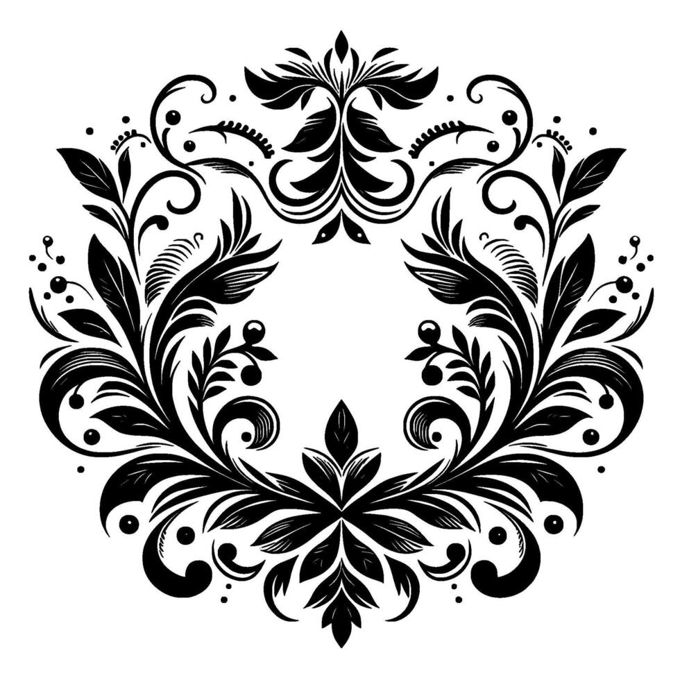 Elegant black and white circular floral with leaves, berries, and intricate swirls, perfect for ornamental purposes on a white backdrop. vector