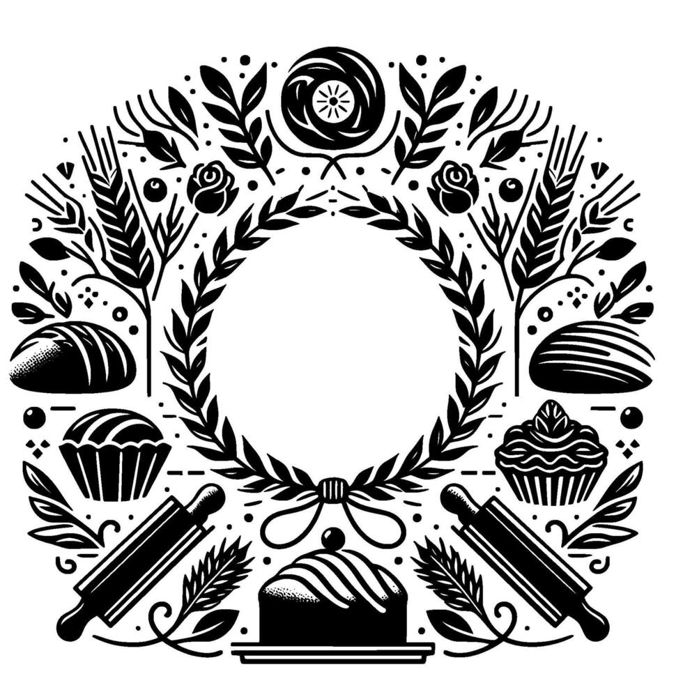 Black and white bakery themed wreath , encircling a blank space, adorned with bread, baked goods, wheat, and rolling pins. vector