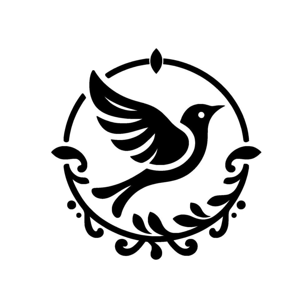 Elegant Black and White Illustration of a Dove in Flight, Encircled by Decorative Floral Frame, Symbolic of Peace. vector