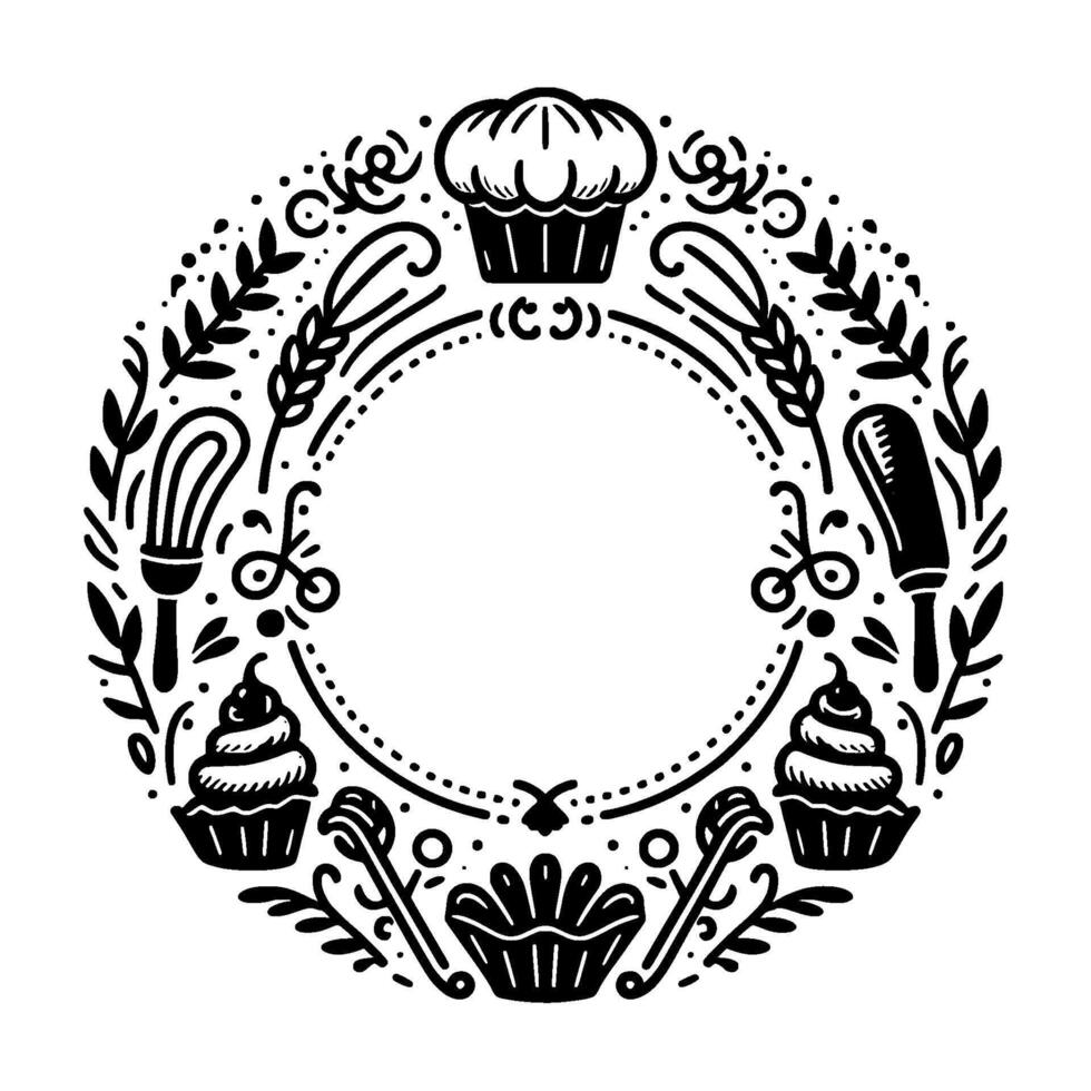 Whimsical monochrome circular illustration bakingthemed wreath with cupcakes, utensils, and floral elements. vector