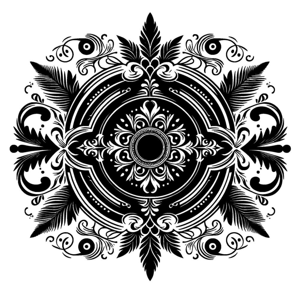 Intricate Black and White Floral Ornament Symmetrical Circular with Detailed Foliage, Swirls, and Geometric Accents. vector