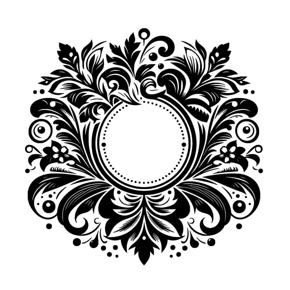 Detailed Monochrome Floral Crest Featuring Circular Frame Adorned with Leaves, Petals, and Ornate Flourishes, set against a pure white backdrop. vector