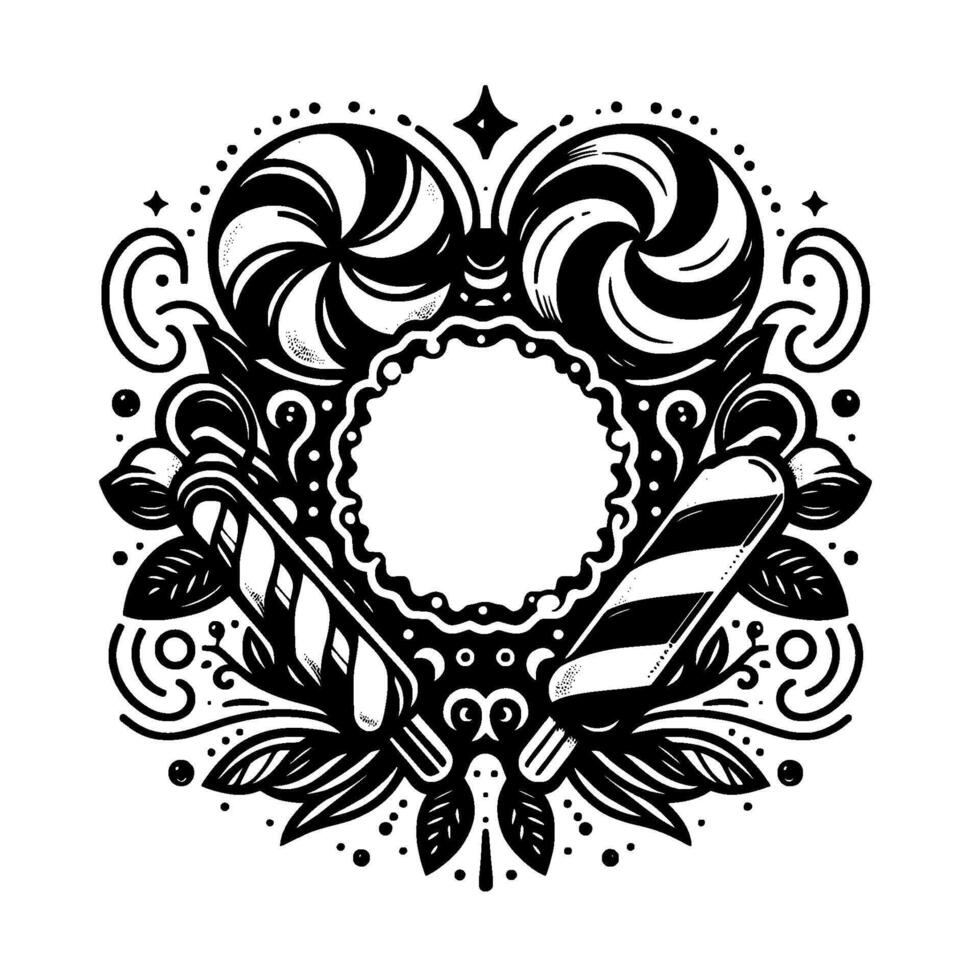 Whimsical Black and White Confectionery Emblem with Lollipops, Candy Canes, and Foliage, Circular Composition vector