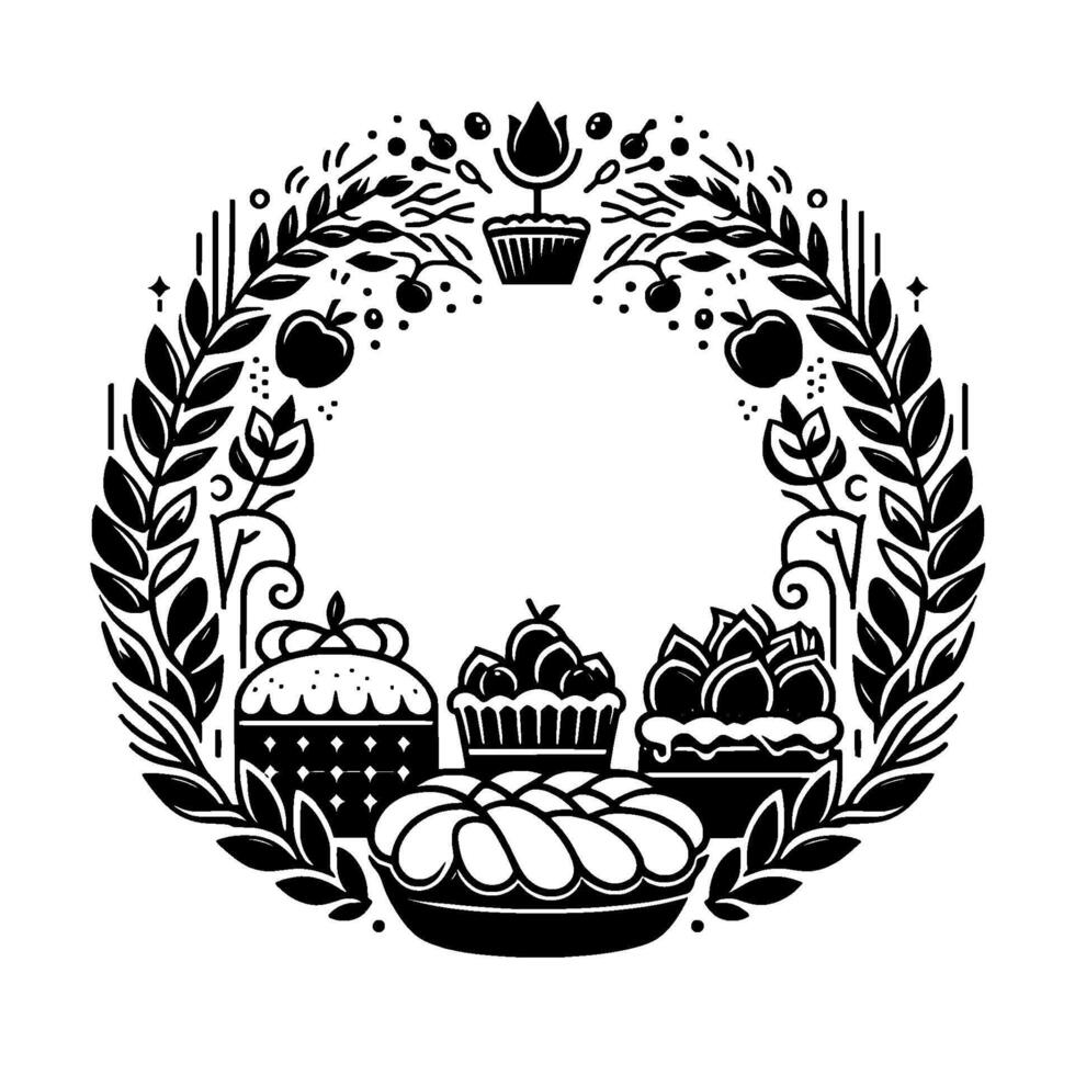 Elegant Black and White Illustration Baked Goods and Foliage Circle, Minimalist , Food Art, and Decorative Elements. vector