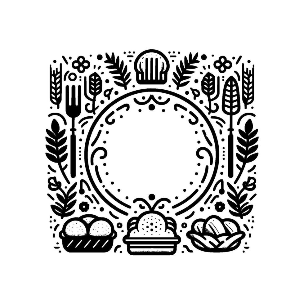Elegant monochrome foodthemed illustration featuring a central circular frame surrounded by culinary elements, wheat, and bread. vector