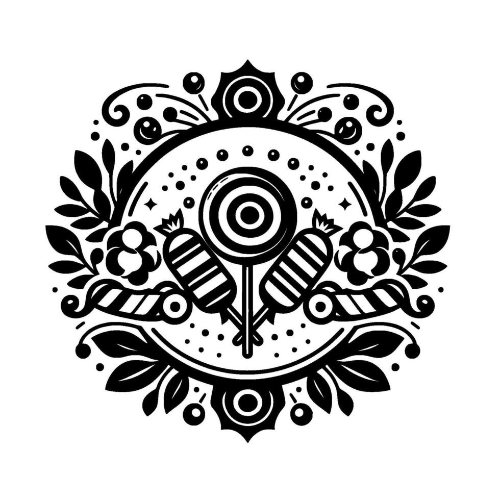 Black and white symmetrical circular featuring a lollipop, candy canes, flowers, leaves, and decorative elements. vector