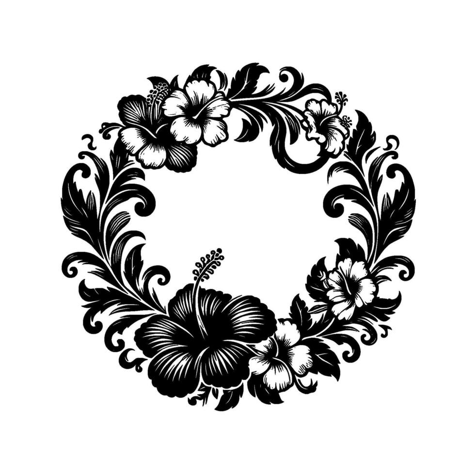 Elegant black and white floral wreath featuring hibiscus blossoms and ornate leaves in a circular arrangement on a clean white backdrop. vector