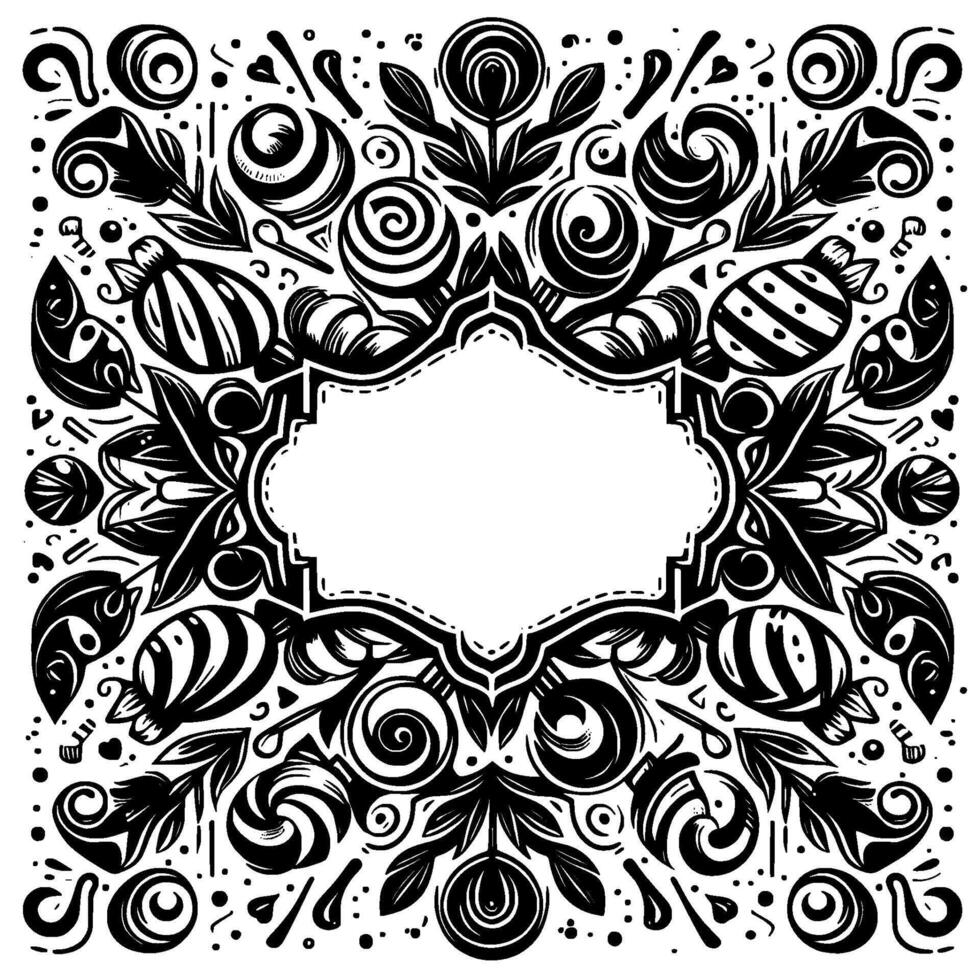 Intricate, symmetrical black and white artwork featuring a blank, ornate central frame encircled by stylized floral and confectionery motifs. vector